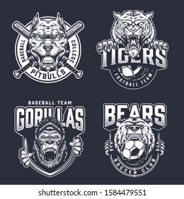 Vintage sport clubs monochrome logotypes with aggressive animal heads inscriptions crossed baseball bats and soccer balls isolated vector illustration