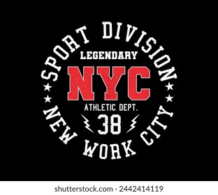 Vintage Sport Division New York City University Championship Brooklyn athletic league championship slogan. New York sports wear typography emblems, typography retro college varsity.