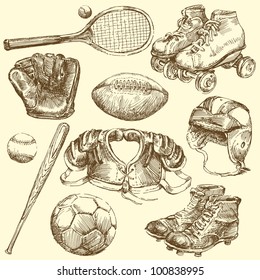 vintage sport equipment - hand drawn set