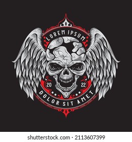 vintage sport logo ( evil skull and wings logo for sport or t-shirt design ) cool skull for music rock band logo and t-shirt