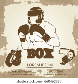 Vintage sport poster design - grunge box banner with athlete, helmet and boxing gloves. Vector illustration
