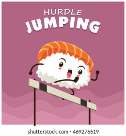 Vintage sport poster design with vector sushi hurdle jumping character.