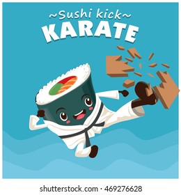 Vintage sport poster design with vector sushi karate kick character.