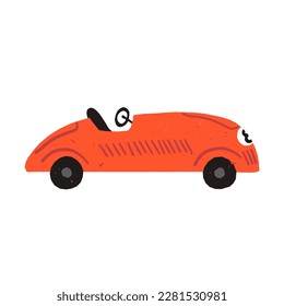 Vintage sport red cabriolet with a number. Cute old children's toy, metallic or wooden retro racing car. Vector isolated illustration.