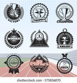 Vintage sport rewards labels set with different prizes and awards on stadium arena background isolated vector illustration