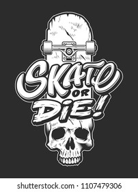 Vintage sport skateboarding logo with inscription skull and skate board on dark background isolated vector illustration