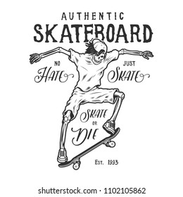 Vintage sport skateboarding logo with inscriptions and skateboarder riding skateboard isolated vector illustration