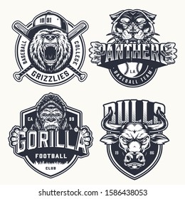 Vintage sport teams emblems set with angry aggressive animals crossed baseball bats and inscriptions on white background isolated vector illustration