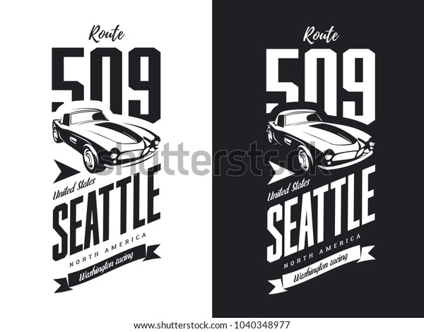 Vintage sport vehicle black and white isolated\
vector logo. Premium quality classic car logotype tee-shirt emblem\
illustration. Seattle, Washington street wear hipster retro tee\
print design.