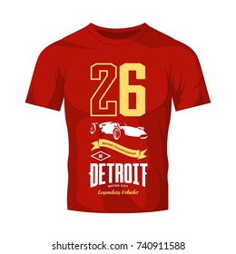 Vintage sport vehicle vector logo isolated on red t-shirt mock up. Premium quality number logotype tee-shirt emblem illustration. Detroit, Michigan street wear superior retro tee print design.