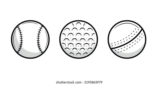 Vintage Sports Balls Set. Baseball, Golf, Cricket. Sport Icons Isolated On White Background. Design Elements For Logo, Poster, Emblem. Vector Illustration