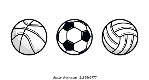 Vintage Sports Balls Set. Basketball, Soccer, Volleyball. Sport Icons Isolated On White Background. Design Elements For Logo, Poster, Emblem. Vector Illustration