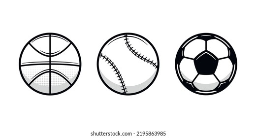 Vintage Sports Balls Set. Basketball, Baseball, Soccer. Sport Icons Isolated On White Background. Design Elements For Logo, Poster, Emblem. Vector Illustration