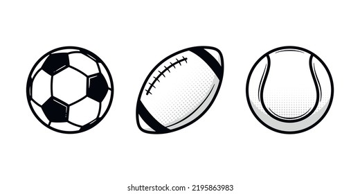 Vintage Sports Balls Set. Soccer, American Football, Tennis. Sport Icons Isolated On White Background. Design Elements For Logo, Poster, Emblem. Vector Illustration