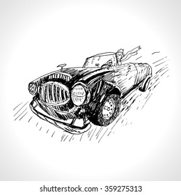 The vintage sports car rushes with a high speed. A sketch in engraving style. Vector