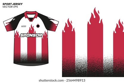 Vintage sports jersey design with fire element pattern, Features a sleek layout for sponsor and logo placement. Perfect for soccer, football team wear or specialty apparel.