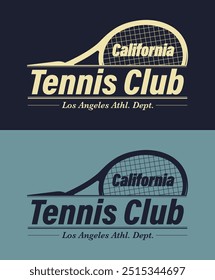 Vintage sporty typography california athletic club society slogan print with tennis racket illustration for graphic tee t shirt or sweatshirt poster - Vector