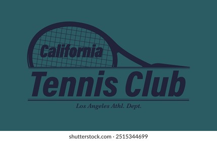 Antiguas tipografía deportiva California Athletic Club Society impresión de eslogan con ilustración de raqueta de tenis para camiseta gráfica o cartel de sudadera - Vector