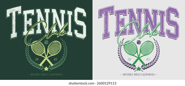 Vintage sporty typography california beverly hills athletics tennis club slogan print with tennis racket and ball retro illustration for graphic tee t shirt or sweatshirt poster - Vector