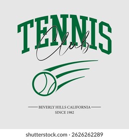 Vintage tipografia esportiva califórnia beverly hills atletismo tênis clube slogan imprimir com raquete de tênis e bola retro ilustração para T-shirt gráfico ou suéter cartaz - Vetor
