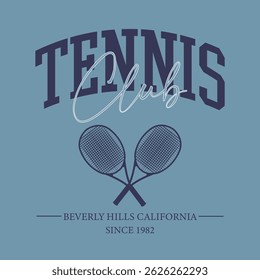 Vintage sporty typography california beverly hills athletics tennis club slogan print with tennis racket and ball retro illustration for graphic tee t shirt or sweatshirt poster - Vector