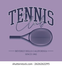 Vintage tipografia esportiva califórnia beverly hills atletismo tênis clube slogan imprimir com raquete de tênis e bola retro ilustração para T-shirt gráfico ou suéter cartaz - Vetor