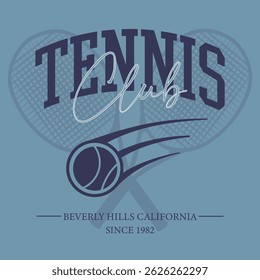 Vintage sporty typography california beverly hills athletics tennis club slogan print with tennis racket and ball retro illustration for graphic tee t shirt or sweatshirt poster - Vector