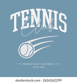 Vintage sporty typography california beverly hills athletics tennis club slogan print with tennis racket and ball retro illustration for graphic tee t shirt or sweatshirt poster - Vector