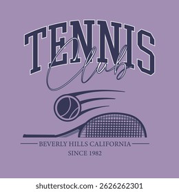 Vintage sporty typography california beverly hills athletics tennis club slogan print with tennis racket and ball retro illustration for graphic tee t shirt or sweatshirt poster - Vector