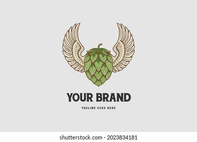 Vintage Spread Wings with Hop for Craft Beer Brewing Brewery Label Logo Design Vector