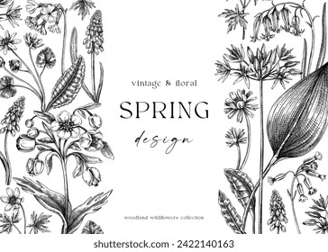 Vintage spring background. Hand-drawn vector illustration. Vintage floral frame. Woodland wild flower sketches. Wildflowers design template. NOT AI-generated