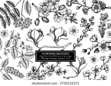 Vintage spring background in sketch style. Blooming trees design. Flowering branches hand drawn vector illustration. NOT AI generated