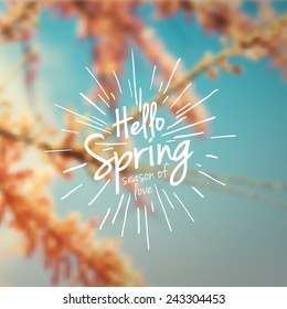 Vintage Spring background. Vector hand drawn label in spring flower blurry background for card, banner or web design.