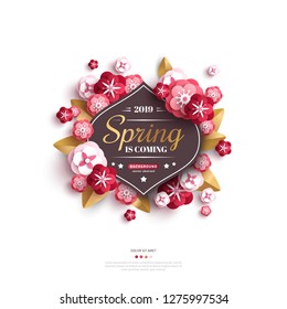 Vintage spring banner design with pink paper cut flowers and gold leaves. Frame with place for text. Floral element for posters, brochures or vouchers.