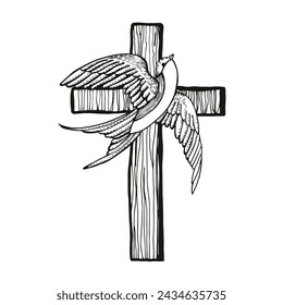 Vintage spring bird cross.  Easter. Manual graphics. Vector illustration.