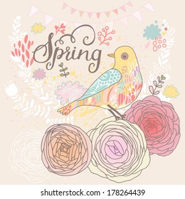 Vintage spring card with bird and ranunculus flowers. Stylish floral background in vector