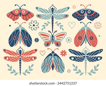 Vintage spring collection. Isolated vector set of moths, dragonflies, butterflies. Mystery graphic