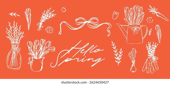 Vintage Spring coquette flower bouquet. Traditional monochrome graphic. Nostalgic cottage holiday graphic