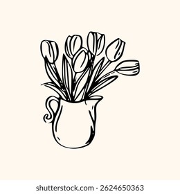 Vintage Spring coquette tulip bouquet. Traditional monochrome graphic. Nostalgic cottage holiday graphic