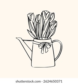 Vintage Spring coquette tulip bouquet. Traditional monochrome graphic. Nostalgic cottage holiday graphic