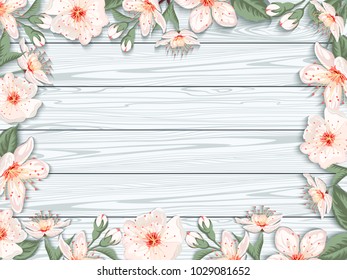 Vintage spring floral background with sakura.Border with cherry blossom flowers on background of wooden white boards. Vector illustration