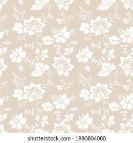 Vintage spring floral background. Seamless vector pattern for design and fashion prints. Flowers pattern with white flower on beige white background.