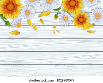 Vintage spring floral background.Border with chamomile and sunflower on background of wooden white boards. Vector illustration