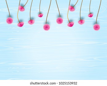 Vintage spring floral background.Border with small pink flowers on background of wooden blue boards. Vector illustration