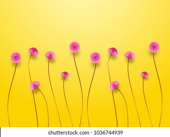 Vintage spring floral background.Border with small pink flowers 3d on yellow background . Vector illustration.