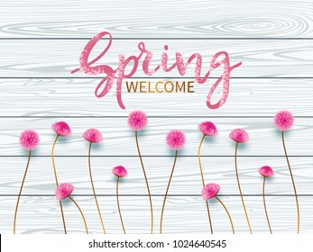 Vintage spring floral background.Lettering Spring Welcome.Border with small pink flowers on background of wooden blue boards. Vector illustration