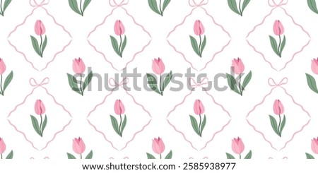 Vintage spring floral pattern with pink tulips