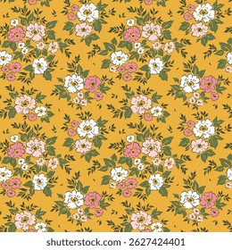 Vintage spring floral pattern in small abstract poses flowers. Small white and pink flowers. Yellow mustard background. Ditsy print. Floral seamless background. Cute template for fashion prints. 