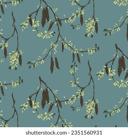 Vintage spring floral repeat pattern of thin acacia branches with yellow blossom on dirty blue background. Artistic botanical seamless print design.