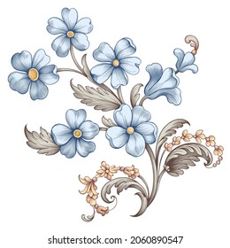 Vintage spring flower summer blue scroll Baroque Victorian frame border floral ornament leaf engraved retro pattern decorative design forget menot filigree calligraphic vector - Shutterstock ID 2060890547